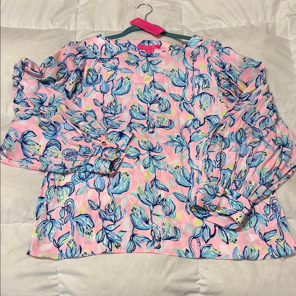 Lilly Pulitzer Tops - Lilly Pulitzer Maisel Pink Blue Top Floral Long Sleeve Gold Buttons NEW XL 14 16